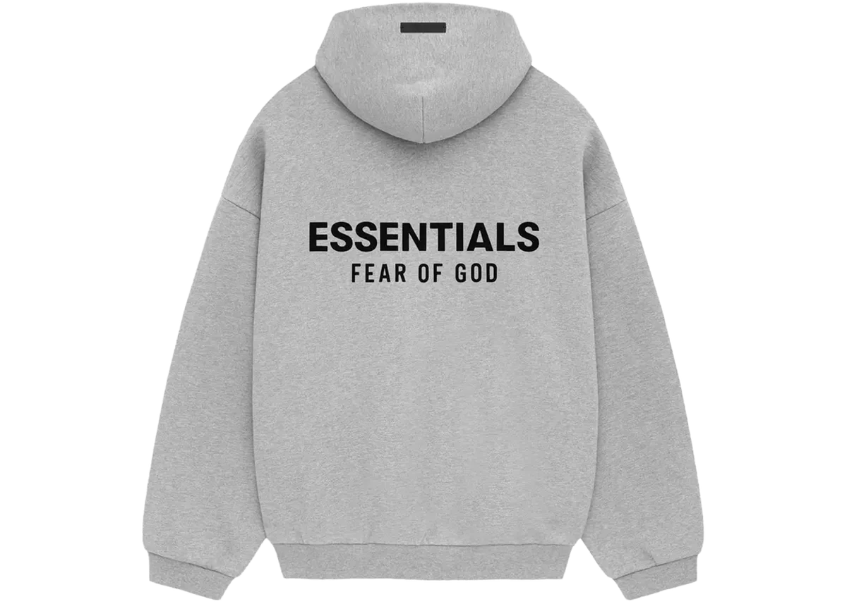 Gray hoodie with 'Essentials Fear of God' text on the back against a white background