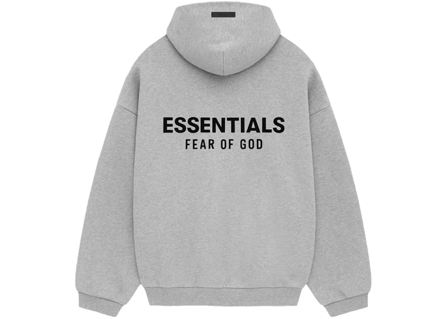 Gray hoodie with 'Essentials Fear of God' text on the back against a white background