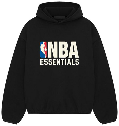 Black hoodie with NBA Essentials logo on a white background