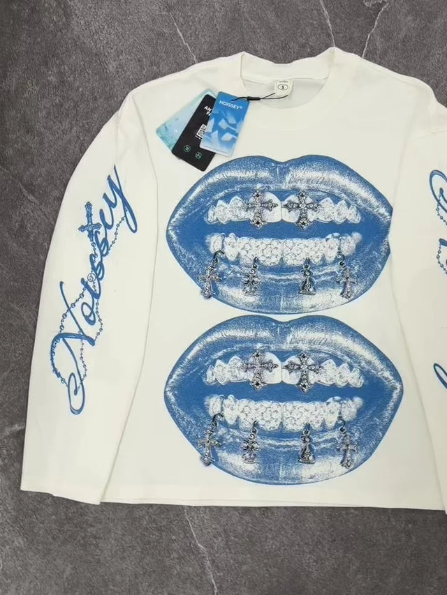 VINTAGE BLUE LIPS LONGSLEEVE WHITE