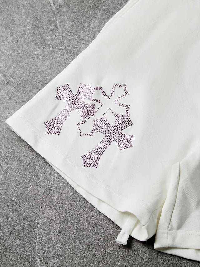 PINK DIAMOND CROSS WHITE SHORTS