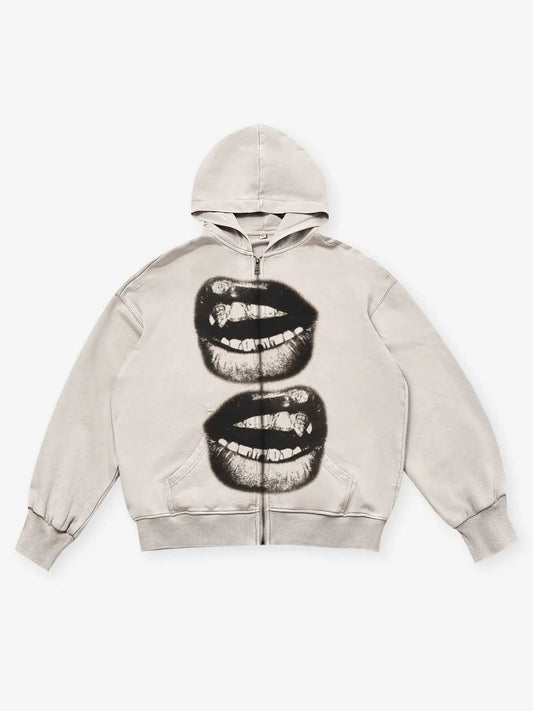 BLACK AND WHTIE LIPS ZIPPER BEIGE