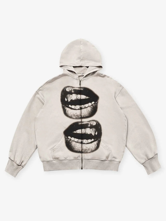 BLACK AND WHTIE LIPS ZIPPER BEIGE