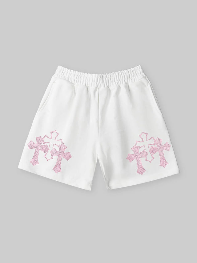 PINK DIAMOND CROSS WHITE SHORTS