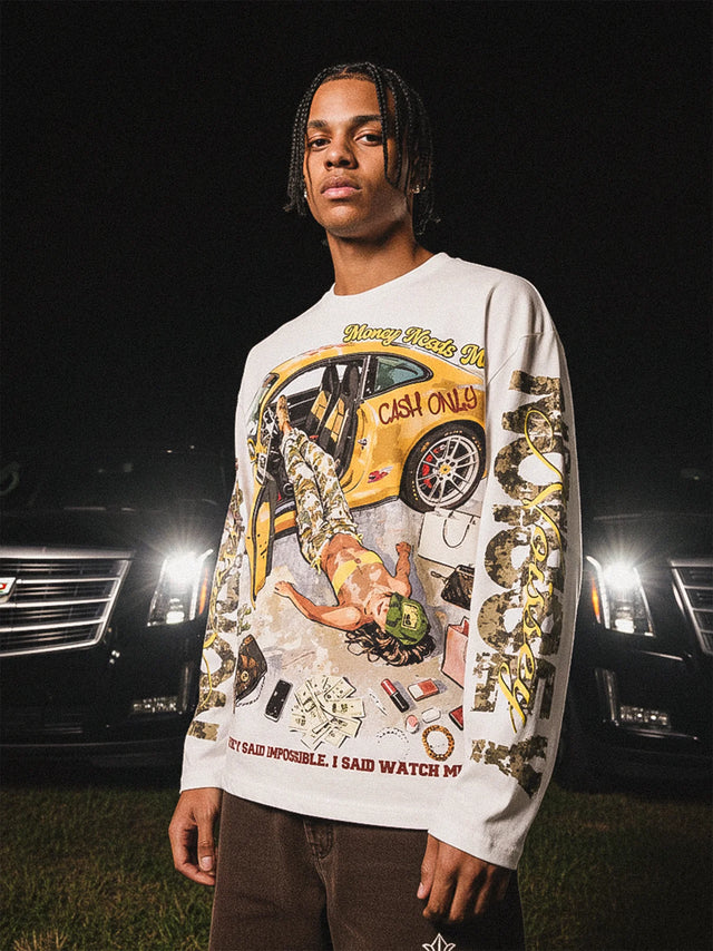 MONEY NEEDS ME CAMO LONGSLEEVE WHITE